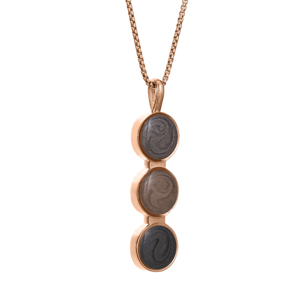 The Triple Setting Circle Memorial Necklace designed and set with three sets of ashes in 14K Rose Gold by close by me jewelry from the side