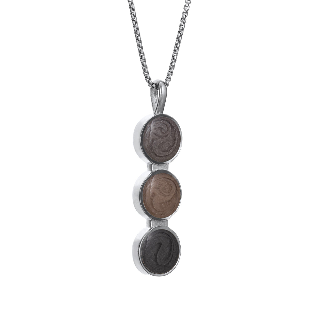 The Triple Setting Circle Memorial Necklace designed and set with three sets of cremated remains in 14K White Gold by close by me jewelry from the side