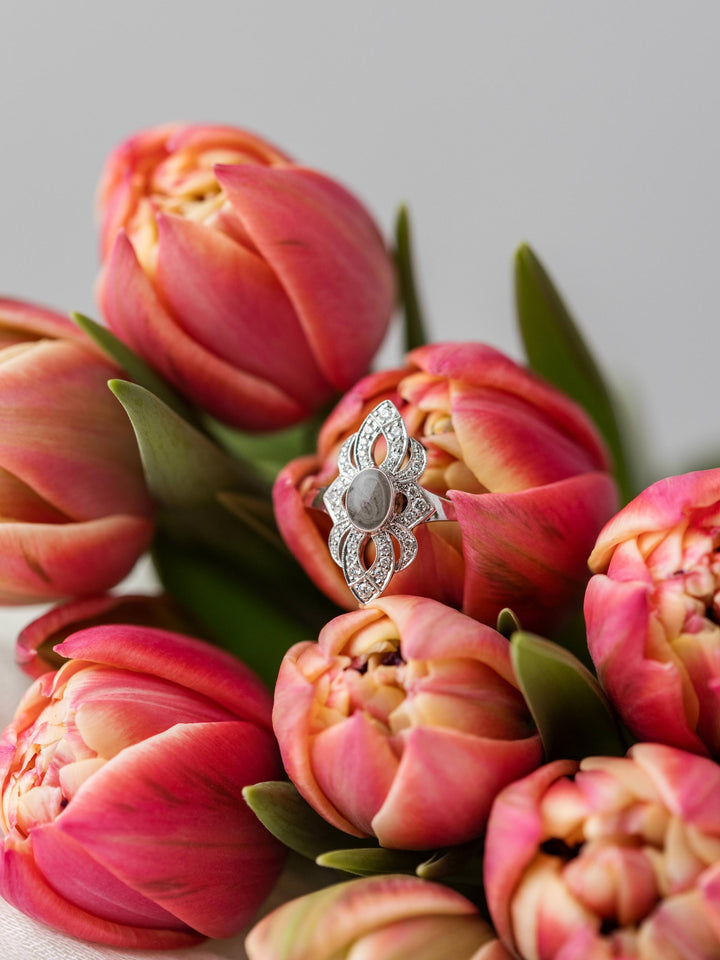 WWII Cremation Ring in 14K White Gold with Diamonds