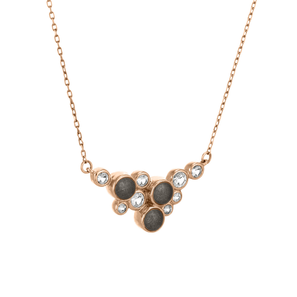 This photo shows the White Sapphire Cluster Cremation Necklace design by close by me jewelry in 14K Rose Gold from the side