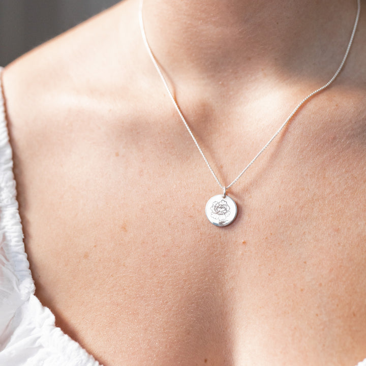 Circle Necklace with Birth-Flower Engraving in Sterling Silver