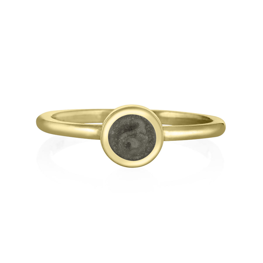 Pictured here is close by me jewelry's 14K Yellow Gold 5mm Circle Stacking Cremation Ring design from the front to show its gray cremation setting