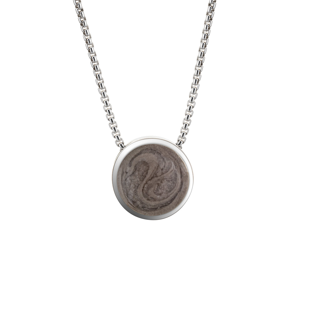 This photo shows the Sterling Silver 8mm Sliding Solitaire Pendant with Cremated Remains designed by close by me jewelry from the front
