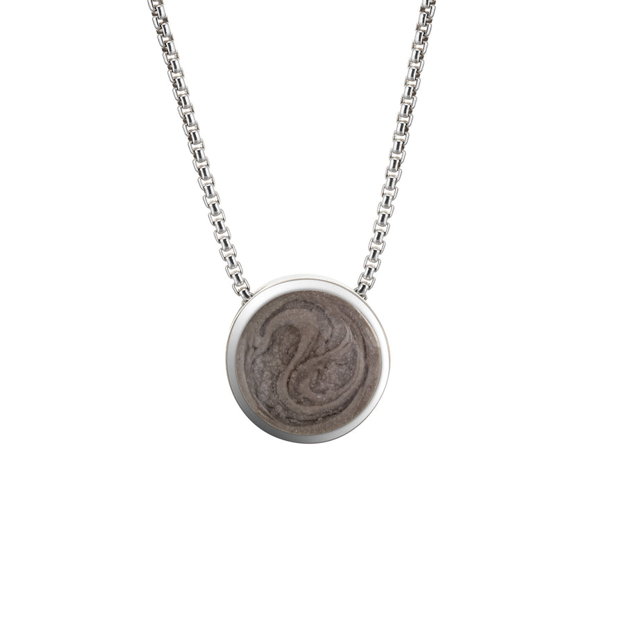 This photo shows the Sterling Silver 8mm Sliding Solitaire Pendant with Cremated Remains designed by close by me jewelry from the front