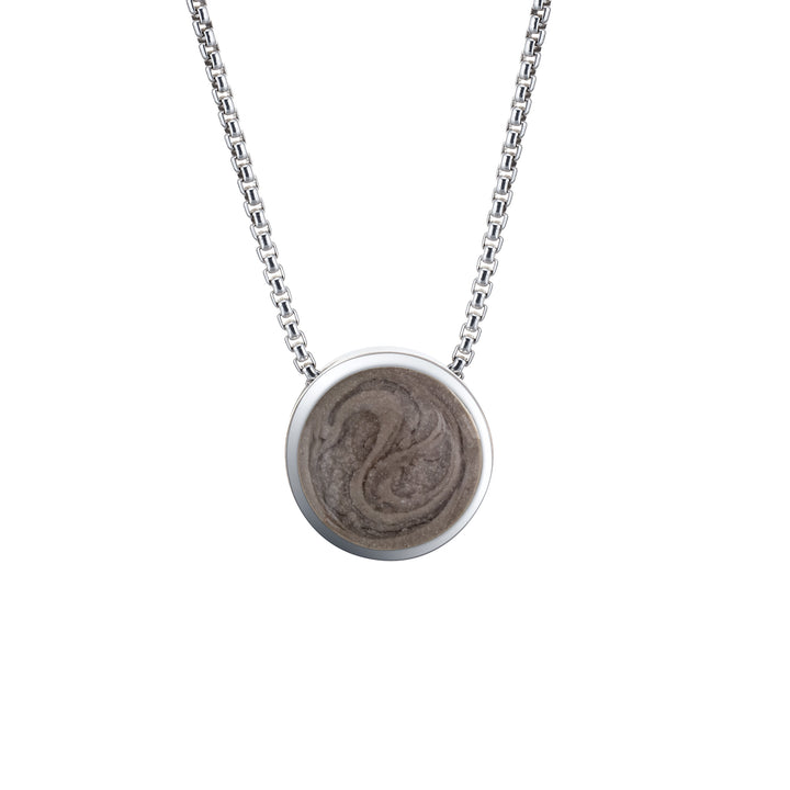 This photo shows the 14K White Gold 8mm Sliding Solitaire Pendant with Cremated Remains designed by close by me jewelry from the front