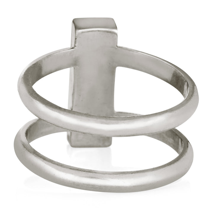 Pictured here is the Sterling Silver Bar Cremation Ring design by close by me jewelry from the back to show the detail of the back of the setting and bands