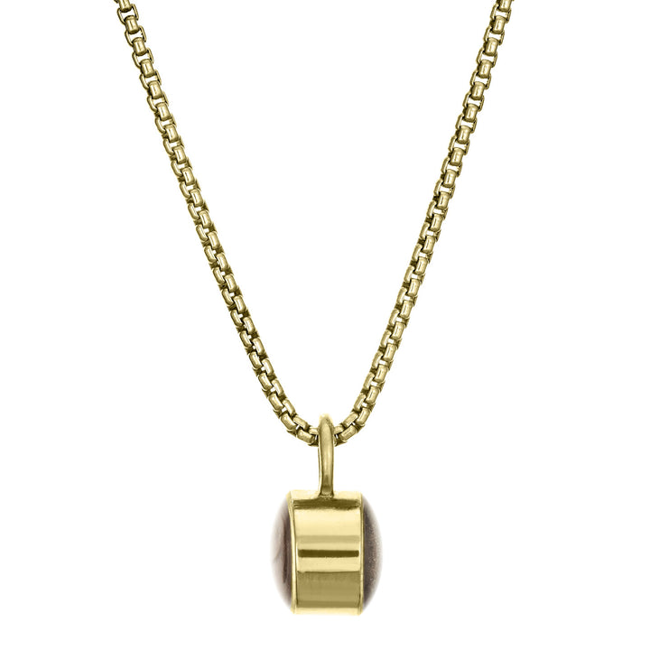 Pictured here is the Bilateral Cremation Necklace in 14K Yellow Gold designed and set with ashes by close by me jewelry from the front