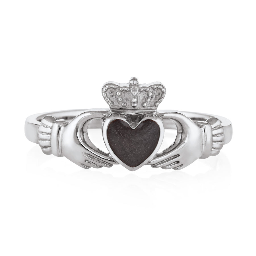 Pictured here is close by me jewelry's 14K White Gold Claddagh Ashes Ring design from the front to show its dark gray cremation setting