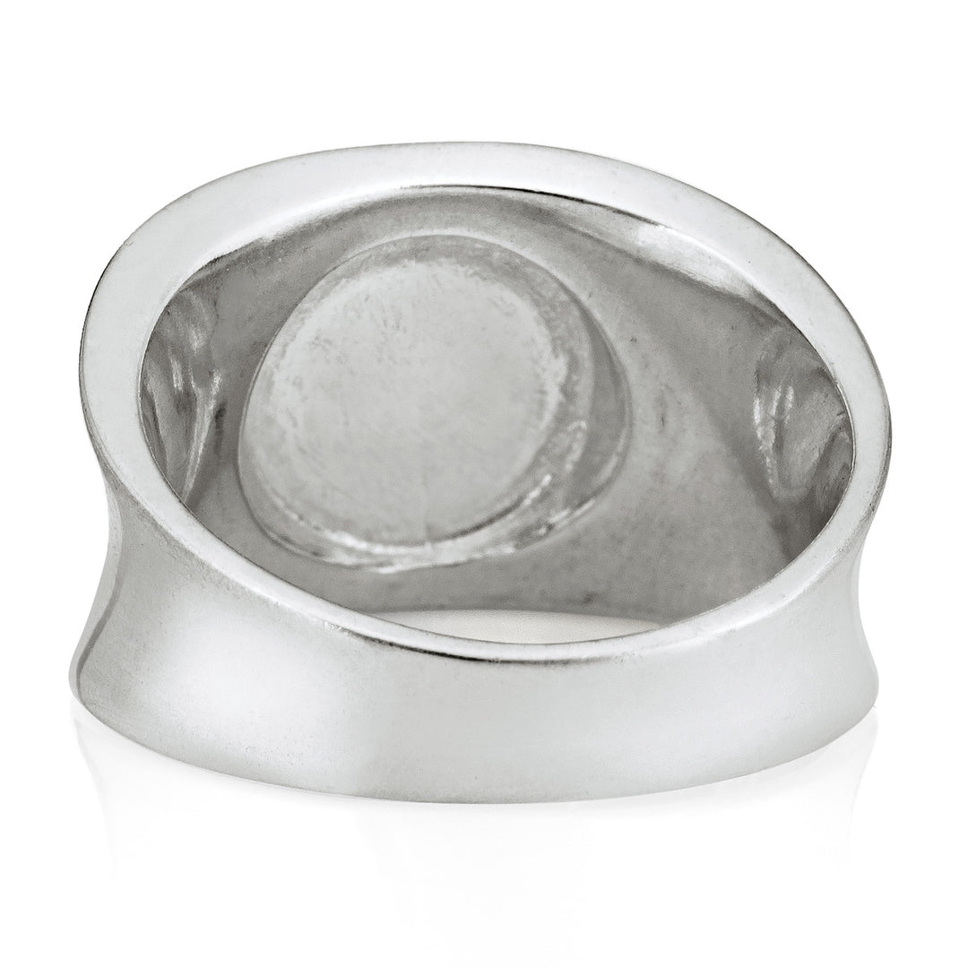 This photo shows the Concave Band Cremains Ring design by close by me jewelry in 14K White Gold from the back