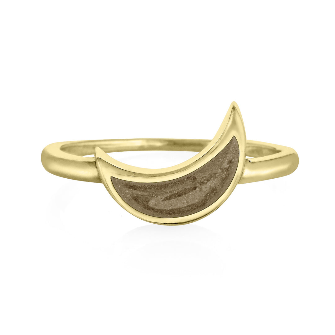 Pictured here is close by me jewelry's 14K Yellow Gold Crescent Moon Ashes Ring from the front to show its light brown cremation setting