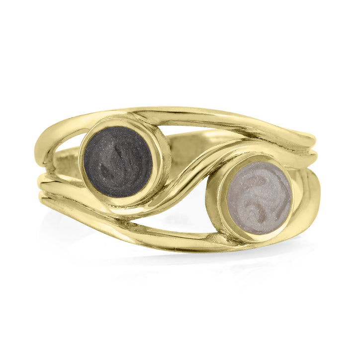 Pictured here is the Double Setting Ashes Ring design in 14K Yellow Gold by close by me jewelry from the front to show its multi colored cremation settings