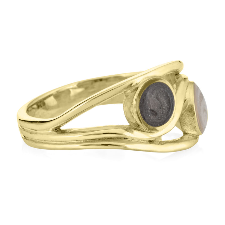 Pictured here is the Double Setting Ashes Ring design in 14K Yellow Gold by close by me jewelry from the side to show the thickness of the casting