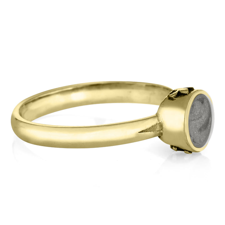 Pictured here is the 14K Yellow Gold Fleur de Lis Ring with ashes design by close by me jewelry from the side