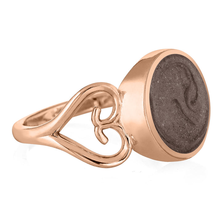 Pictured here is a side view of the Heart Filigree Band Ring Design by close by me in 14K Rose Gold