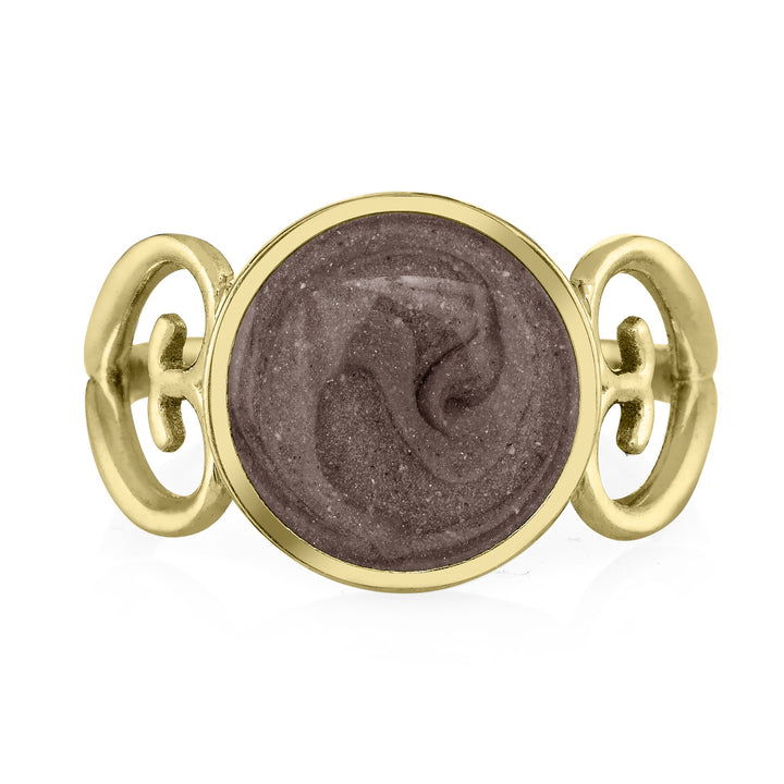 Pictured here is a front view of close by me's Heart Filigree Band Ring in 14K Yellow Gold