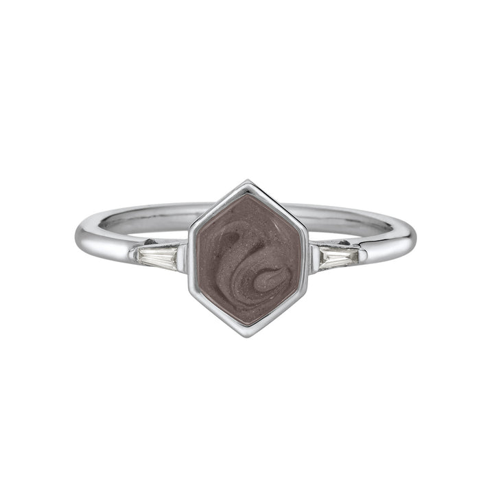 Pictured here is close by me jewelry's 14K White Gold Hexagon White Baguette Diamond Band Ashes Ring from the front to show its medium gray ashes setting