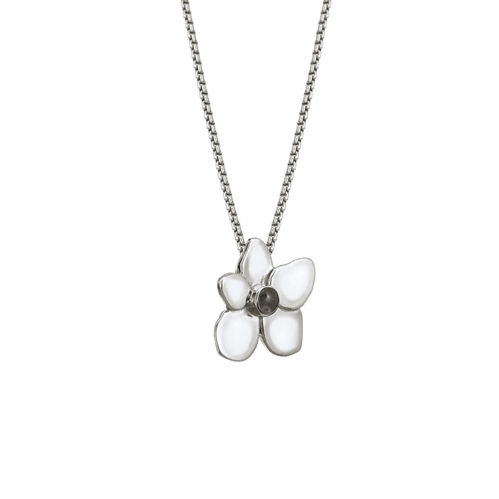 Pictured here is the Sterling Silver Ashes Necklace shaped like a hydrangea flower, designed by close by me jewelry, from the side
