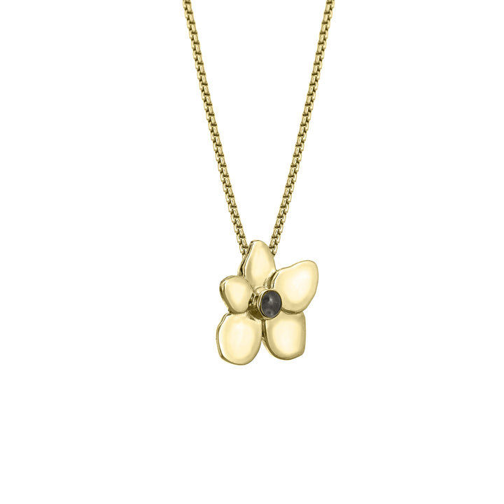 This photo shows the 14K Yellow Gold Hydrangea Ashes Pendant designed by close by me jewelry from the side