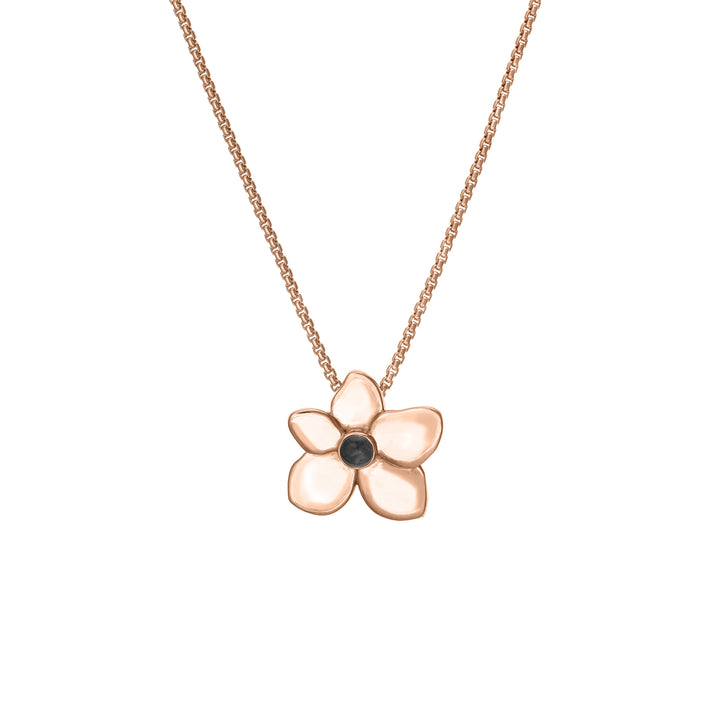 This photo shows the Hydrangea Flower Pendant with ashes designed by close by me jewelry in 14K Rose Gold from the front