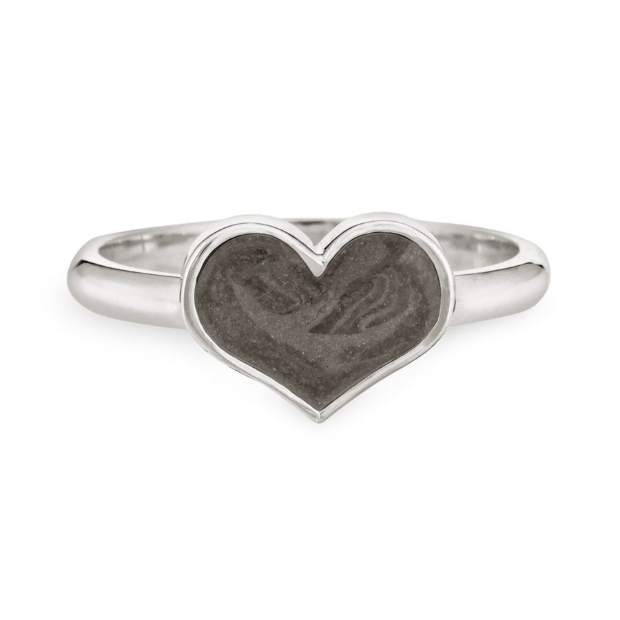 Pictured here is close by me jewelry's Sterling Silver Large Heart Stacking Cremation Ring from the front, showing its dark gray setting