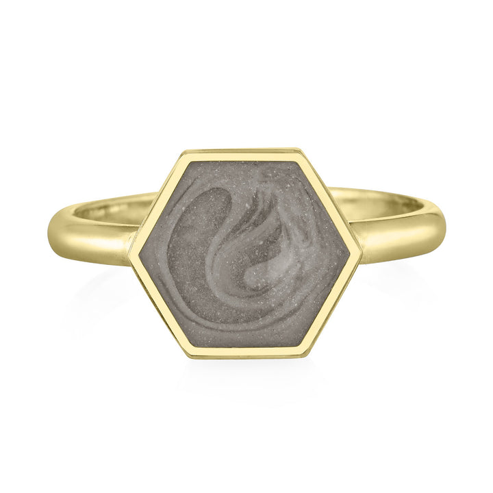 This photo shows the 14K Yellow Gold Ashes Ring with a Large Hexagon Setting designed by close by me jewelry from the front