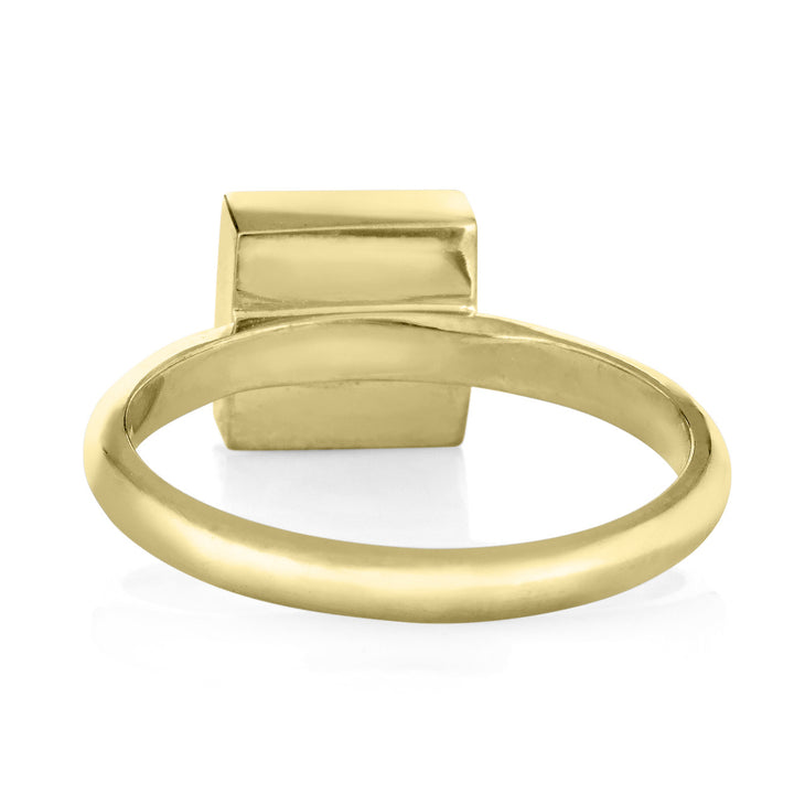 This photo shows the 14K Yellow Gold Large Square Stacking Cremains Ring designed by close by me jewelry from the back