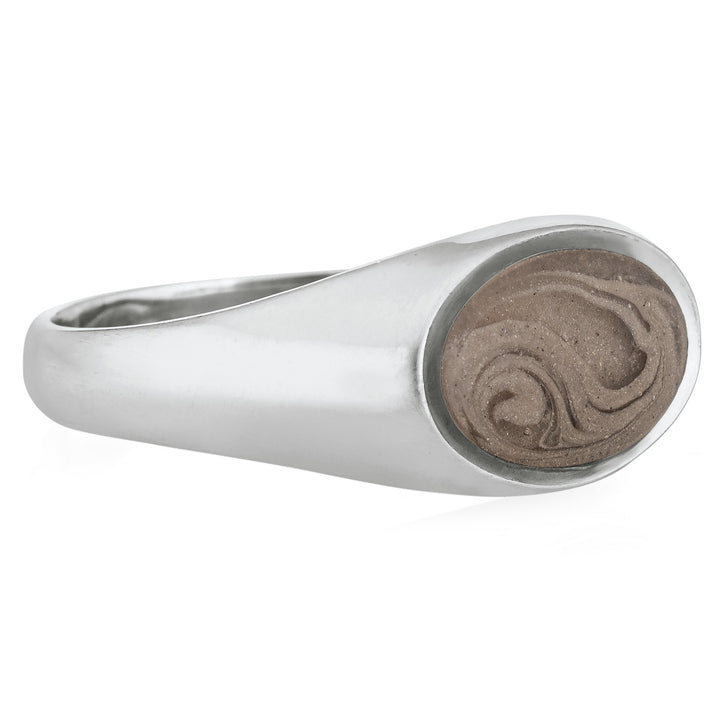 This photo shows close by me jewelry's Men's Lateral Oval Signet Ring design in 14K White Gold from the side