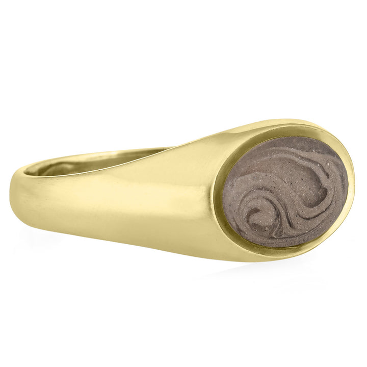 Pictured here is the 14K Yellow Gold Men's Lateral Oval Signet Ring by close by me jewelry from the front