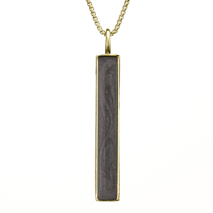 This photo shows the Long Bar Necklace with Ashes designed and set by close by me jewelry in 14K Yellow Gold from the front