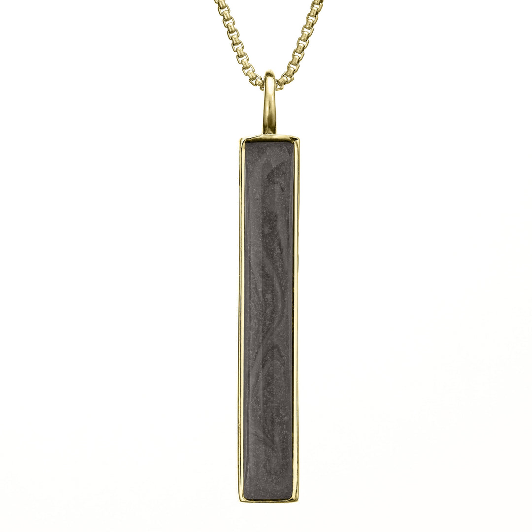 This photo shows the Long Bar Necklace with Ashes designed and set by close by me jewelry in 14K Yellow Gold from the front