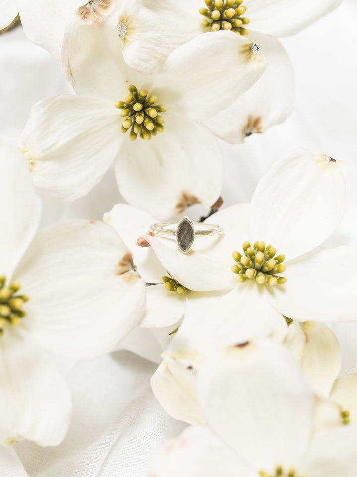 This photo shows close by me jewelry's Sterling Silver Marquee Stacking Ring design in a bed of flowers