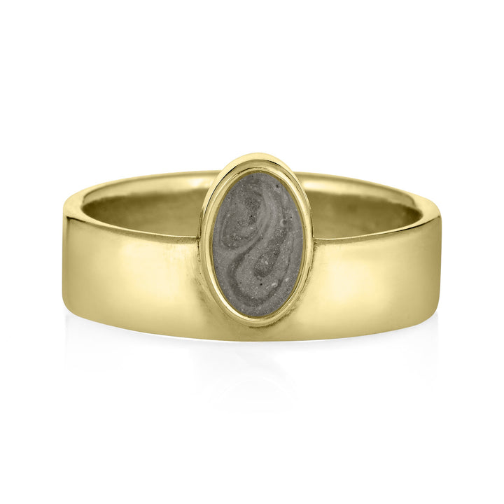 This photo shows close by me jewelry's Oval Crown Ring with ashes in 14K Yellow Gold from the front