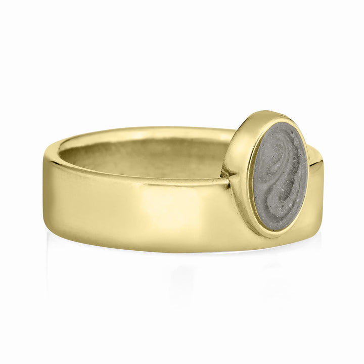 This photo shows close by me jewelry's Oval Crown Ring with ashes in 14K Yellow Gold from the side