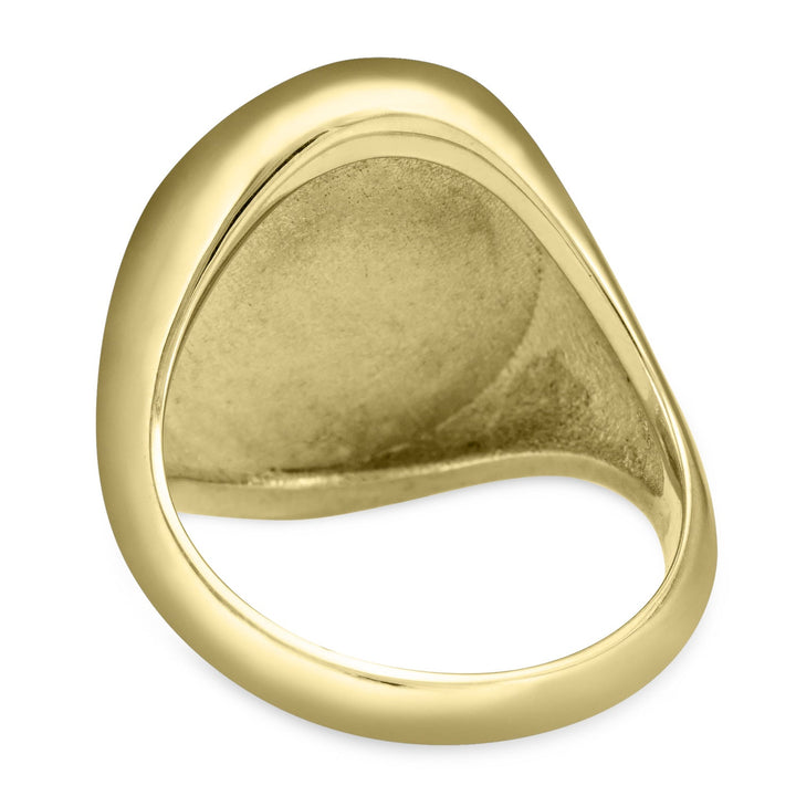 Pictured here is the 14K Yellow Gold Oval Signet Men's Ashes Ring design by close by me jewelry from the back to show the back of its setting and tapered band