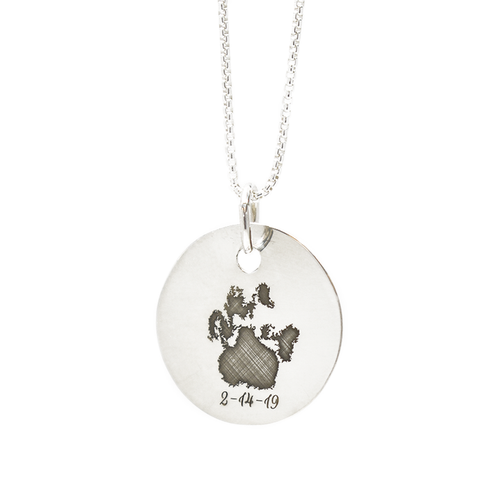 Circle Necklace with Paw Print Engraving in Sterling Silver