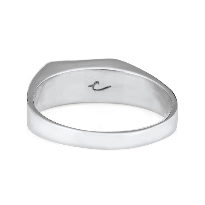 Pictured here is close by me jewelry's 14K White Gold Men's Rectangle Signet Cremation Ring from the back