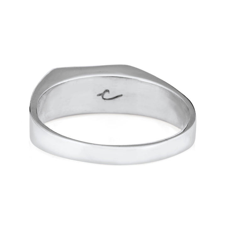 Pictured here is close by me jewelry's 14K White Gold Men's Rectangle Signet Cremation Ring from the back