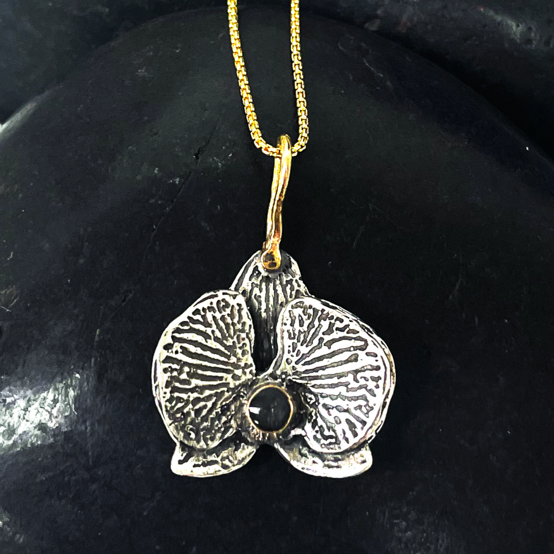 Handmade Orchid Cremation Necklace in Sterling Silver with 14/20 Yellow-Gold-Filled Accents