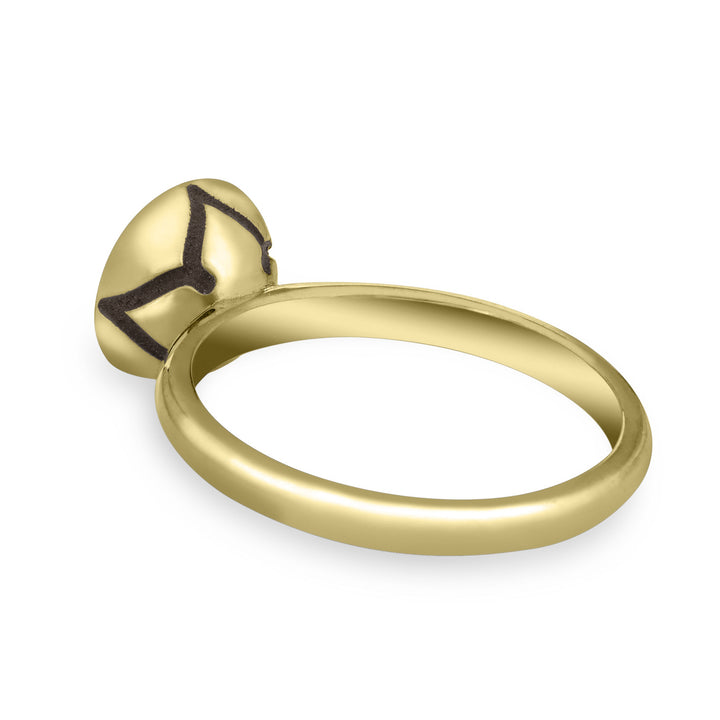 Pictured here is the 14K Yellow Gold Signature Lotus Stackable Band Cremains Ring designed by close by me jewelry from the from the back at an angle