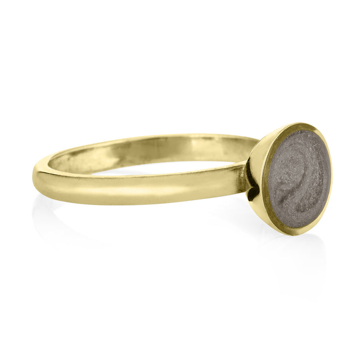 Pictured here is the 14K Yellow Gold Signature Lotus Stackable Band Cremains Ring designed by close by me jewelry from the front at an angle