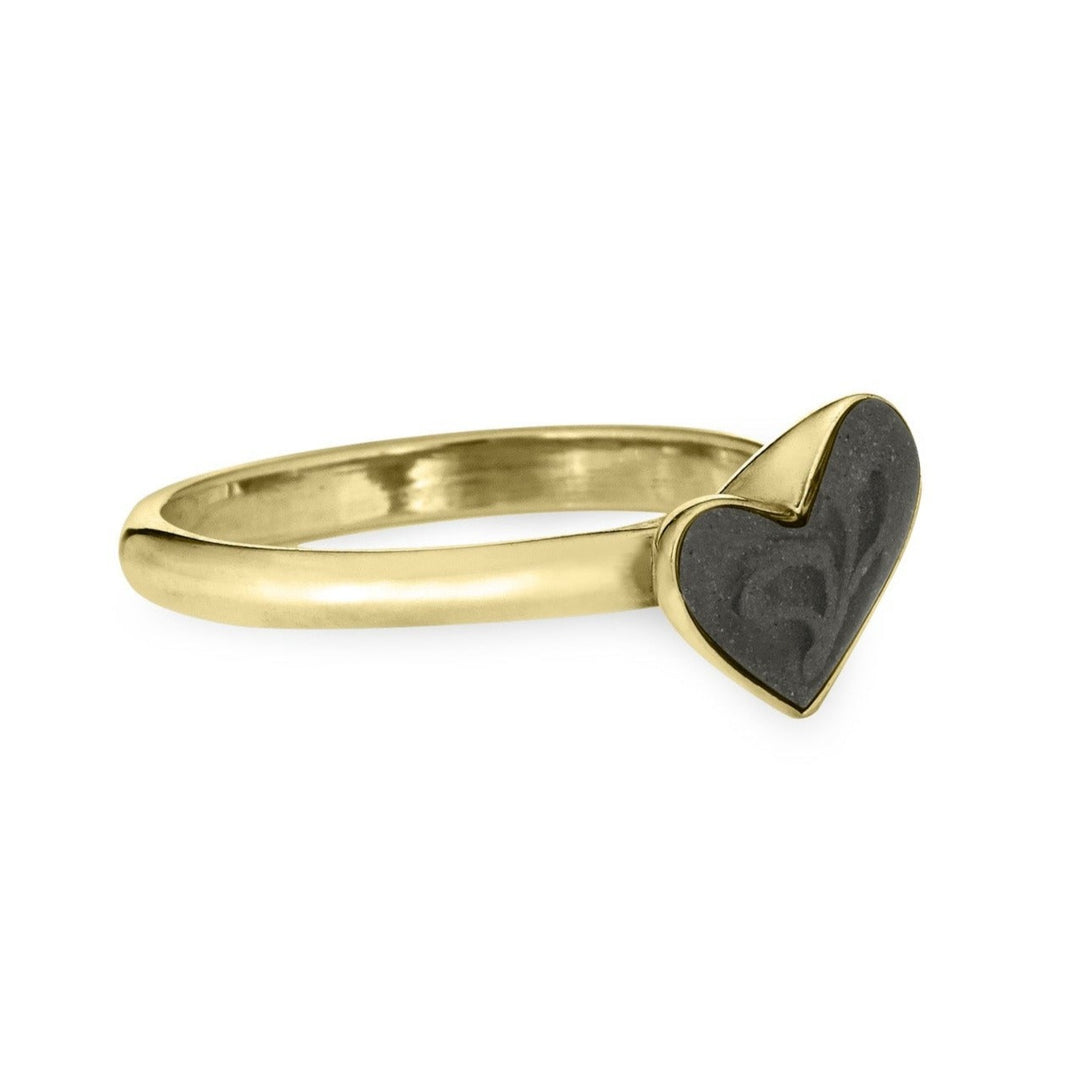 This photo shows the Signature Heart Stackable Band Ring with ashes in 14K Yellow Gold designed by close by me jewelry from the side