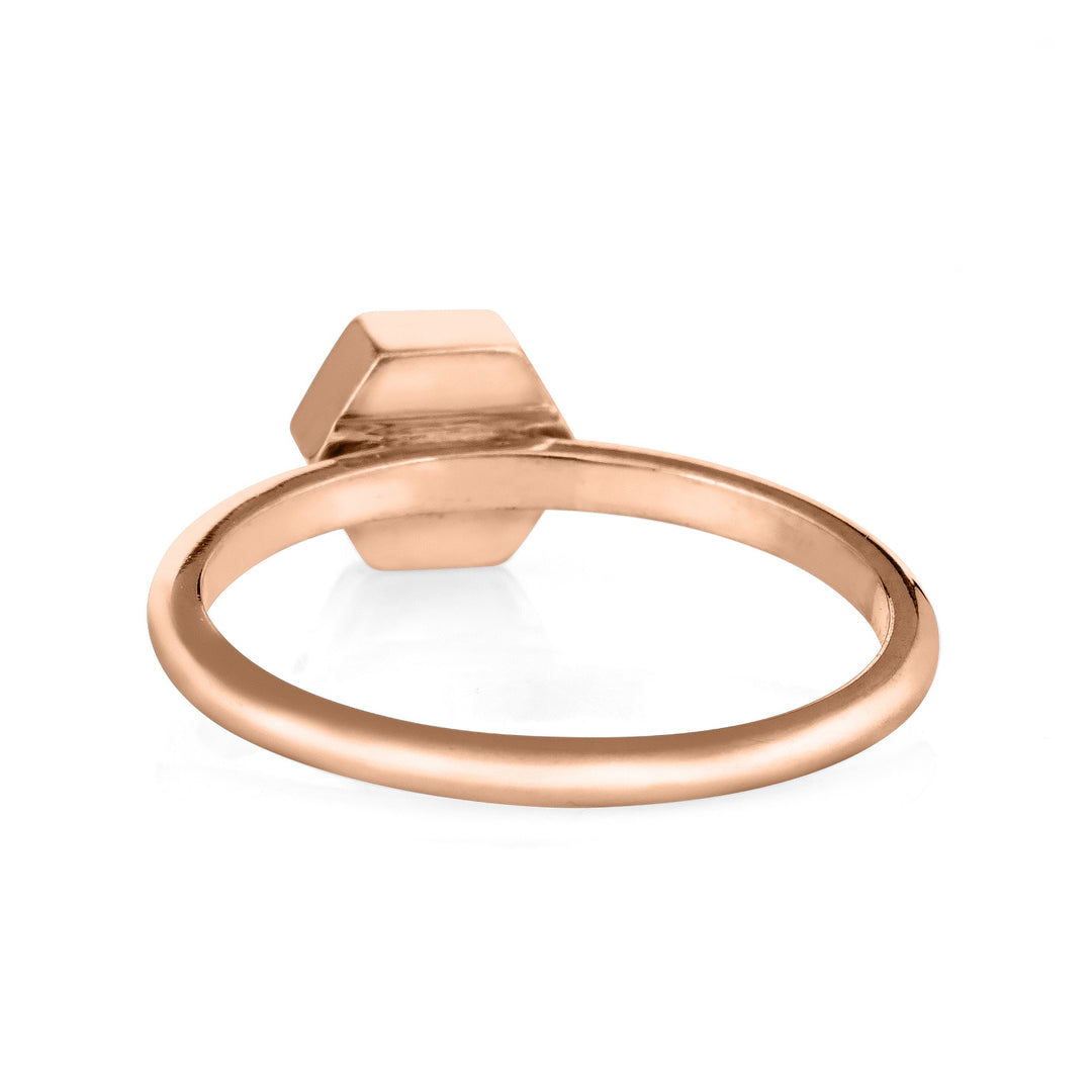 This photo shows the Small Hexagonal Ashes Stacking Ring designed by close by me jewelry in 14K Rose Gold from the back