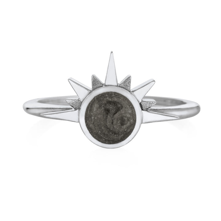 This photo shows the Sunrise Cremation Ring designed by close by me jewelry in 14K White Gold from the front