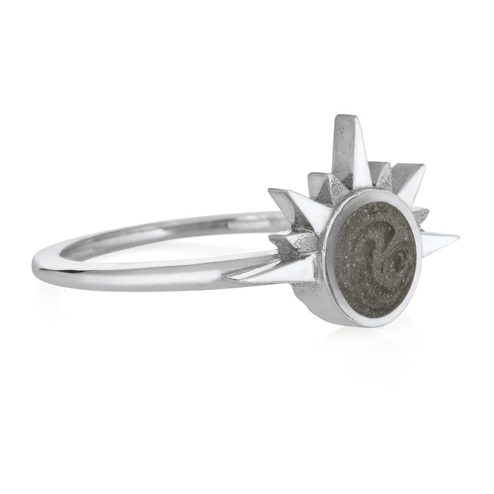 This photo shows the Sunrise Cremation Ring designed by close by me jewelry in 14K White Gold from the side