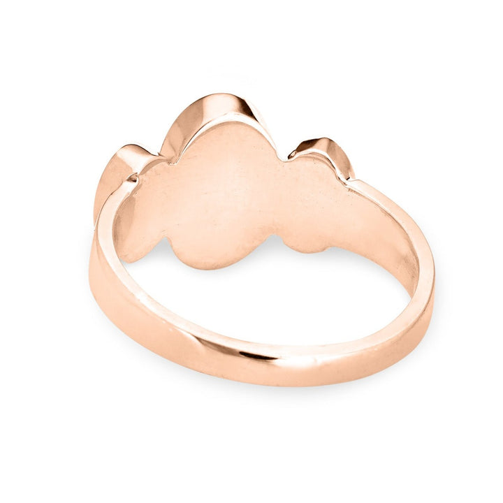 This photo shows close by me jewelry's 14K Rose Gold Triple Oval Cremation Ring design from the back