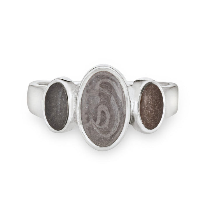 Pictured here is the 14K White Gold Triple Oval Ashes Ring design by close by me jewelry from the front