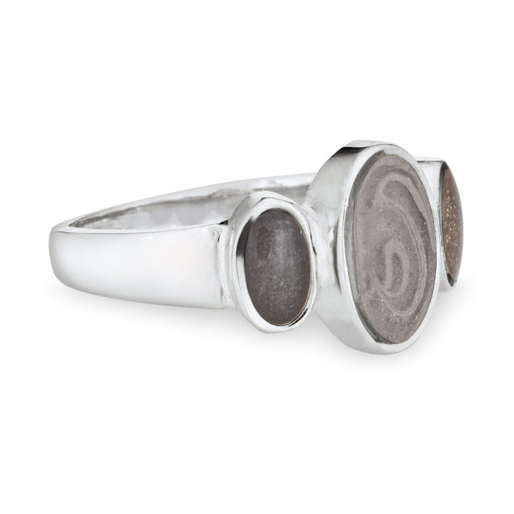 Pictured here is the 14K White Gold Triple Oval Ashes Ring design by close by me jewelry from the side
