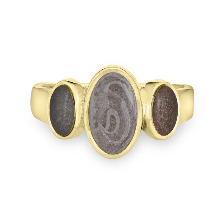 Pictured here is the Triple Oval Cremation Ring design by close by me jewelry in 14K Yellow Gold from the front