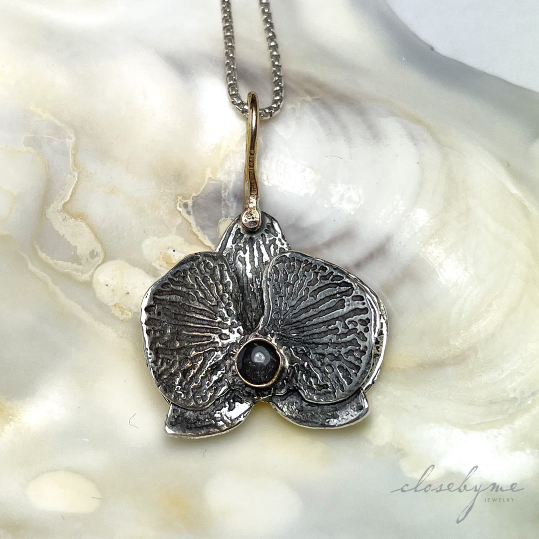 Handmade Orchid Cremation Necklace in Sterling Silver with 14/20 Yellow-Gold-Filled Accents