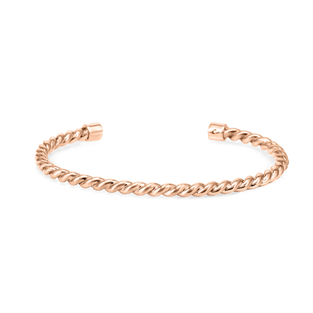 14k Rose Gold Cable Cuff Bracelet pictured from behind, designed by close by me jewelry